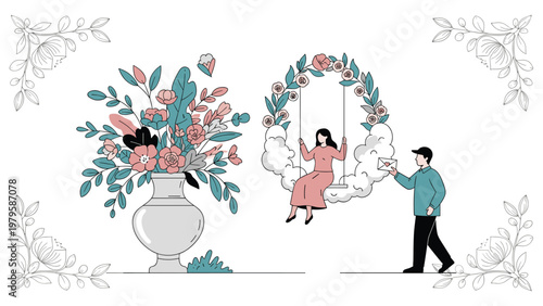 Romantic whimsical scene with woman on floral cloud swing and man delivering love letter next to giant flower vase.