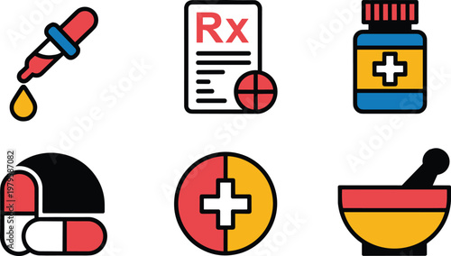 Pharmacy and medical icon set with prescription pills dropper bottle and mortar for healthcare healthcare treatment and clinic vector illustration.