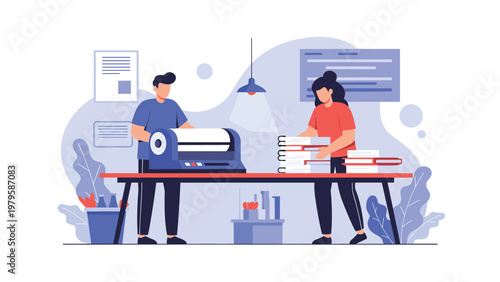 Two skilled workers operating large printing machine and organizing stacks of newly printed books in publishing studio.