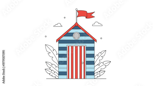 Charming blue and white striped wooden beach hut with a bright red flag and tropical leaves for summer vacation theme.