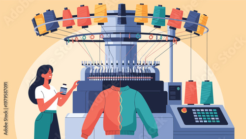 Female textile worker monitoring large industrial circular knitting machine producing colorful wool sweater in factory environment.