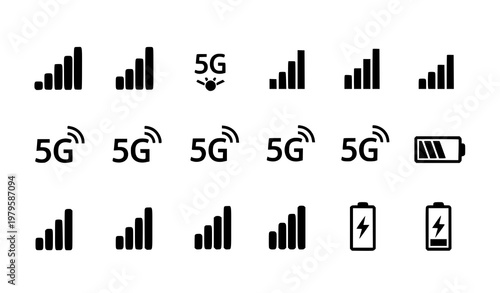 Mobile status icon set with signal strength 5G indicators and battery levels black flat vector collection isolated on white