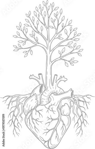 Anatomical human heart transitioning into a growing tree with roots representing the deep connection between biology and nature throughout life