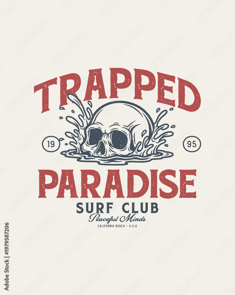 Fototapeta premium Trapped Paradise Surf Club Skull Splash Graphic Design.