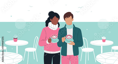 Couple enjoying coffee with heart art, romantic moment in cafe