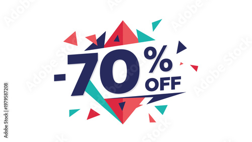 Eye catching promotional banner featuring a large seventy percent off discount text surrounded by vibrant colorful geometric triangles.