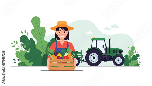 Proud female farmer holding a wooden crate overflowing with a variety of freshly harvested organic vegetables from her farm.