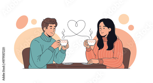 Couple enjoying coffee with heart shape steam, illustration of love and romance