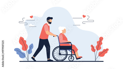 Compassionate young male caregiver pushing an elderly woman in a wheelchair during a peaceful outdoor walk in a park setting.
