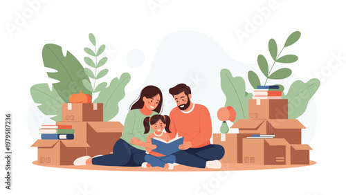 Happy family with a young daughter sitting on the floor of their new home surrounded by moving boxes and reading a book together.