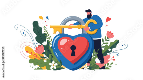 Romantic concept showing a man holding a large golden key to unlock a big blue and red heart shaped padlock among lush flowers.