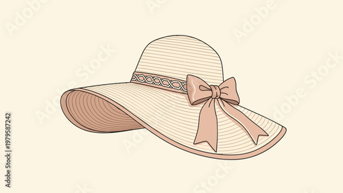 Elegant wide brimmed straw sun hat decorated with a matching ribbon and a large stylish bow for summer beach fashion.