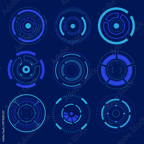 futuristic HUD user interface elements. Circular designs concentric rings, digital segments, indicators, and dark blue background. Sci-fi technology and gaming visuals set