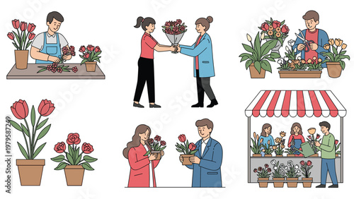 Collection of charming scenes showing florists and customers creating, buying, and selling various beautiful flower arrangements.