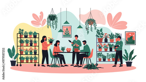 Diverse group of people enjoying and working in a lush urban greenhouse filled with various potted plants and hanging greenery.