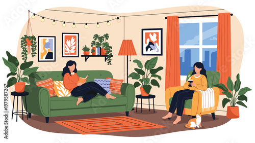Two young women enjoying a peaceful afternoon in a cozy, plant filled living room while reading a book and drinking hot tea.
