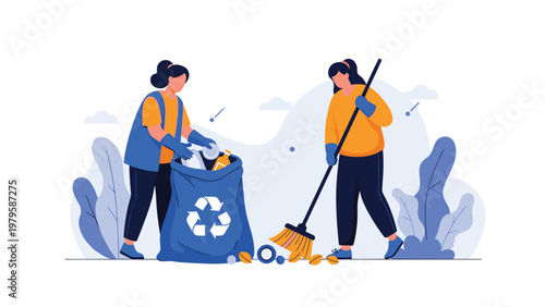 Two environmentally conscious young women cleaning up litter and collecting trash for recycling in a park to protect nature.