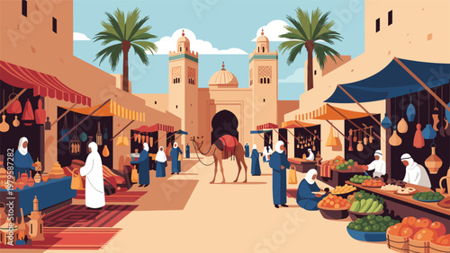 Vibrant traditional market in a Middle Eastern city featuring vendors, shoppers, a camel, and stunning Islamic architecture.