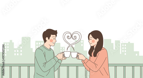 Couple enjoying coffee with heart-shaped steam, city skyline background