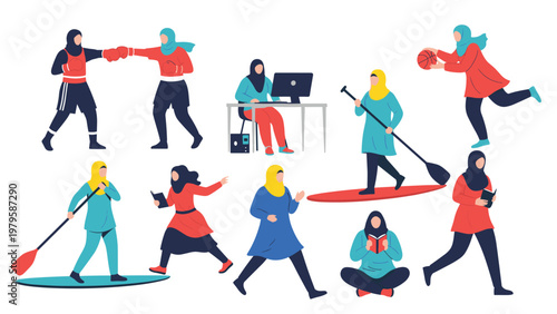 Empowering collection of diverse Muslim women in hijabs participating in various activities including sports, work, and leisure.