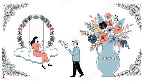 Whimsical romantic scene featuring a woman swinging on a cloud and a man delivering a love letter next to a giant vase of flowers.