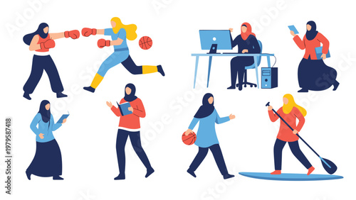 Collection of illustrations depicts diverse Muslim women wearing hijabs and participating in sports, office work, and outdoor hobbies.