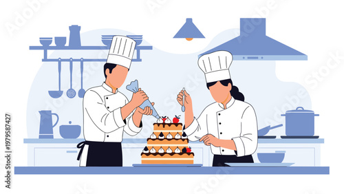 Team of pastry chefs collaborate in a blue hued professional kitchen to carefully decorate a multi level cake with fruit toppings.