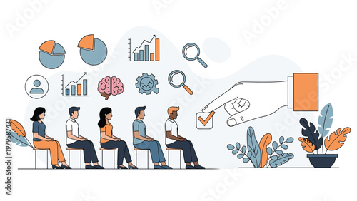 Recruitment concept shows candidates waiting for an interview while a giant hand marks a check box indicating a successful selection.