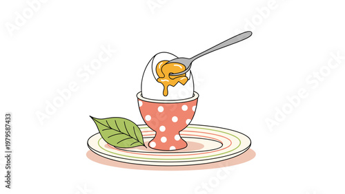 Soft boiled egg sits in a red polka dot egg cup on a saucer, with a spoon scooping out some of the delicious runny yellow yolk.