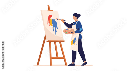 Creative female artist stands in front of a wooden easel applying colorful abstract paint to a large canvas with a long brush.