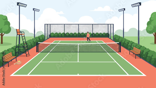 Professional tennis court facility includes a green playing surface, a net, benches, a referee chair, and tall stadium floodlights.