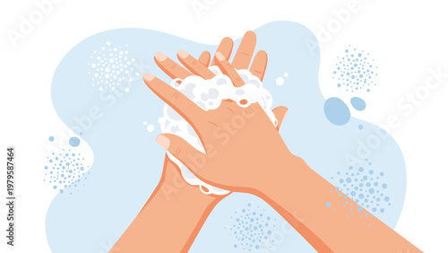 Close up illustration shows a pair of hands being thoroughly washed with white soap suds against a soft blue abstract background.