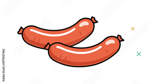 Simple cartoon illustration depicts two cooked sausages with a glossy finish and small details, floating on a plain white background.