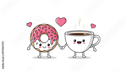 Cute cartoon characters of a pink frosted donut and a hot cup of coffee hold hands with pink hearts floating above their heads.