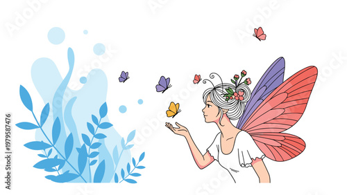 Enchanting fairy with colorful wings stands in a magical blue forest surrounded by floating butterflies and lush plant life.