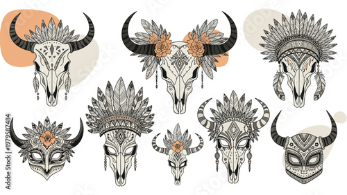 Diverse collection of bohemian bull and deer skulls decorated with feathers flowers and ethnic patterns on a white background with abstract shapes.