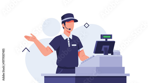 Friendly male cashier wearing a blue uniform and headset working at a digital point of sale terminal in a retail store or fast food restaurant.