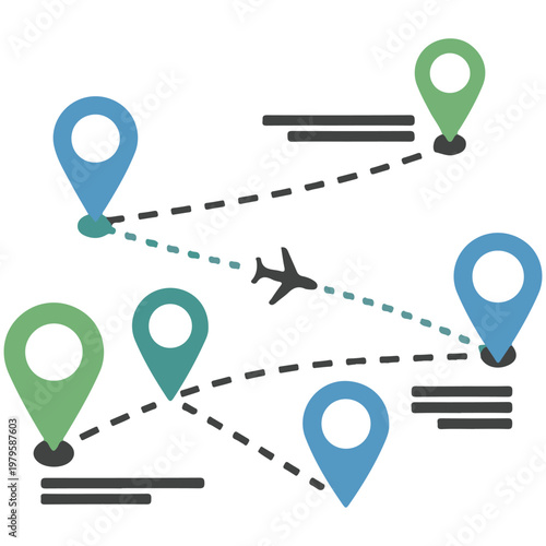 Flat design vector illustration of map pins and airplane icon representing flight routes and travel logistics planning