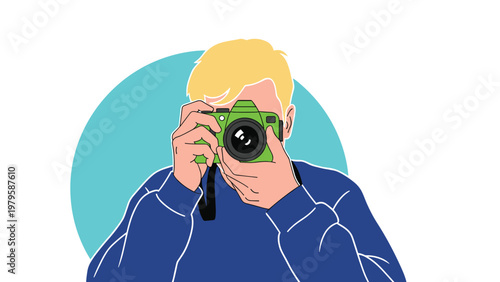 Professional photographer taking a picture while holding a green dslr camera up to his eye against a light blue circular background shape.