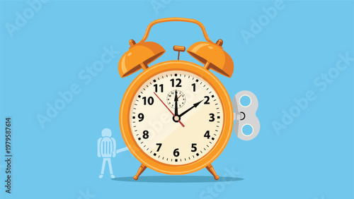 Massive orange alarm clock with a silver winding key and a tiny silhouette of a person standing next to it on a clear bright blue background.