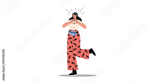 Young woman showing a heart symbol with her hands in front of her chest wearing pink patterned pants and a cream colored top for love and joy.