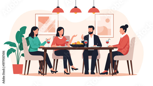 Happy group of four friends having a formal dinner party with red wine and fresh fruit at a long table in a modern dining room with plants.