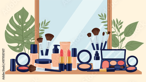 Vanity table setup with a large mirror and many makeup products like lipsticks brushes foundation and eyeshadow palettes with green house plants.