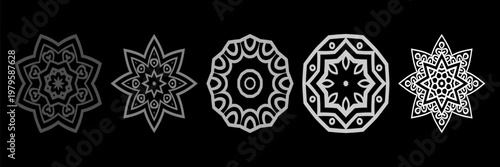 Set of vector, abstract floral seamless pattern. five icon with an ornament inside and a docking element on white background.