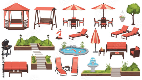 Large collection of stylish outdoor patio and garden furniture sets including gazebos comfortable swings sun loungers and dining arrangements.