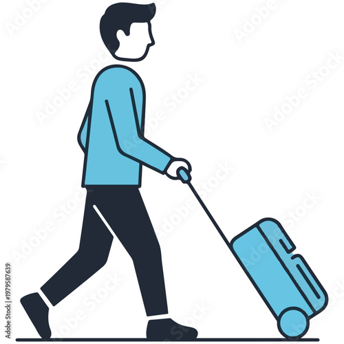 Man walking and pulling a suitcase flat design vector illustration for travel and business trip concepts