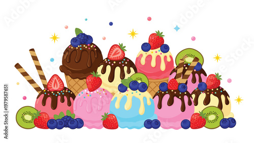 Large assortment of colorful ice cream scoops decorated with fresh berries like strawberries blueberries blackberries and kiwi slices with sauce.