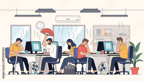 Diverse group of stressed office employees struggling with extreme summer heat using portable fans and air conditioners in a crowded workspace.