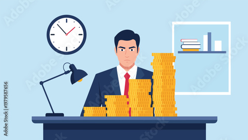 Overwhelmed businessman sitting at his office desk behind tall stacks of gold coins looking stressed about financial management and time.