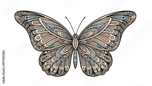 Exquisite decorative butterfly featuring highly detailed and intricate symmetrical wing patterns rendered in a palette of soft muted colors.